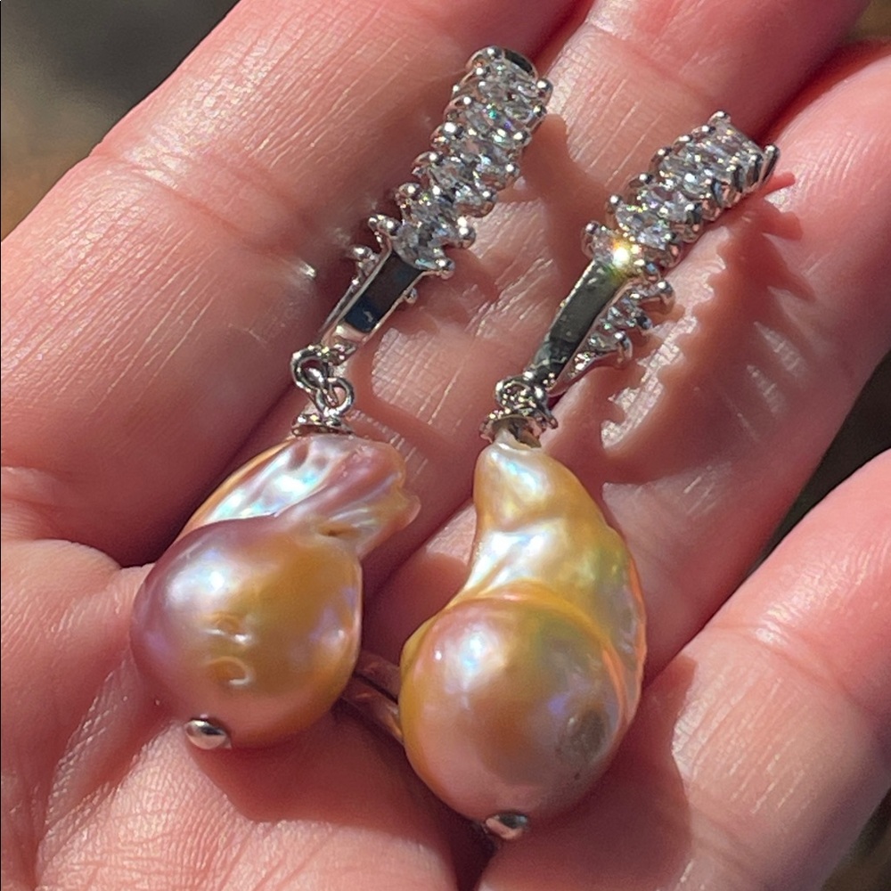 NWT Elegant Edison Irregular Baroque Freshwater Pearl Drop Earrings CZ Accents